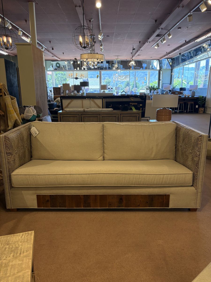 Luxury Sofa Reclaimed Wood Accents & Crocodile Embossed Panels