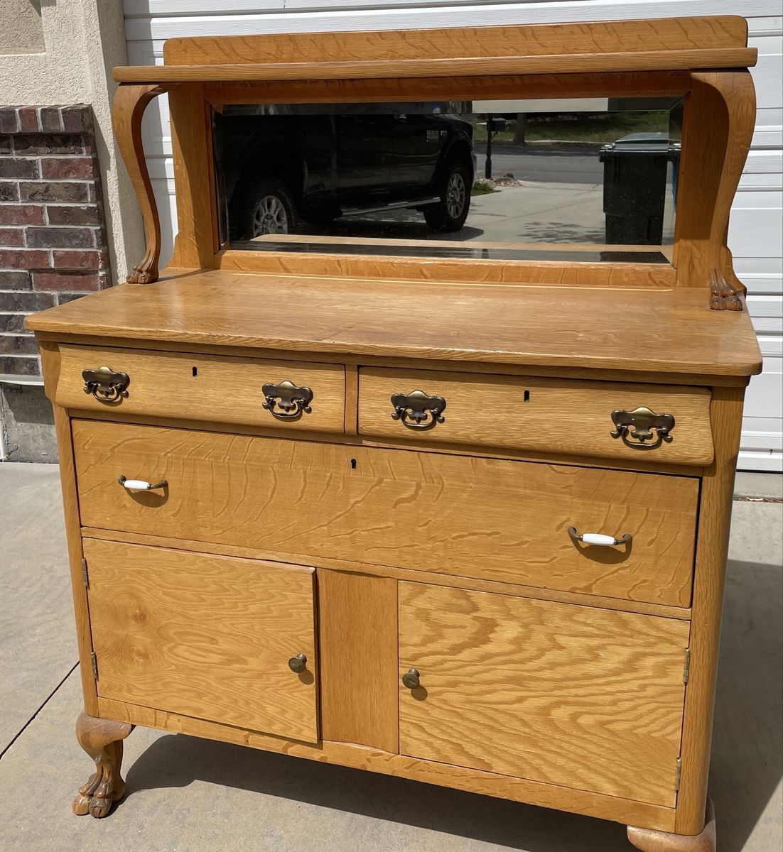 Antique Oak Buffet Sideboard with Mirror Claw Feet and Drawers