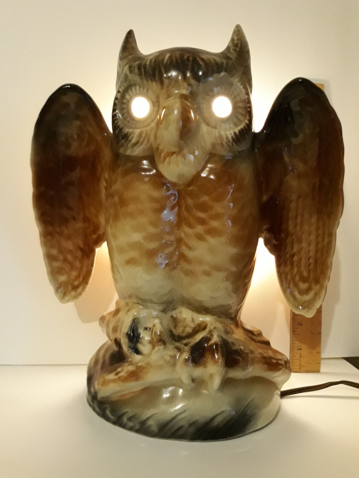 Mid-century Howard Kron ceramic owl lamp with light up eyes