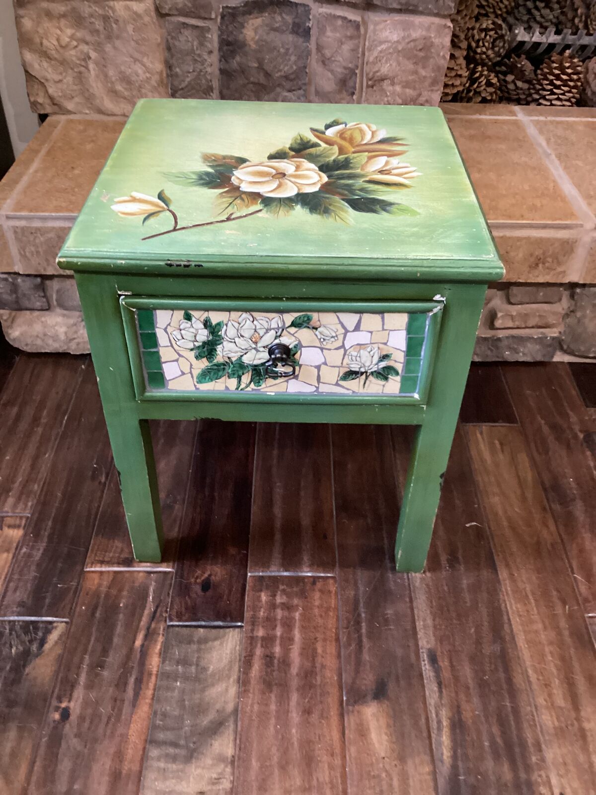 Side End Table Green With Flowers Garden Patio