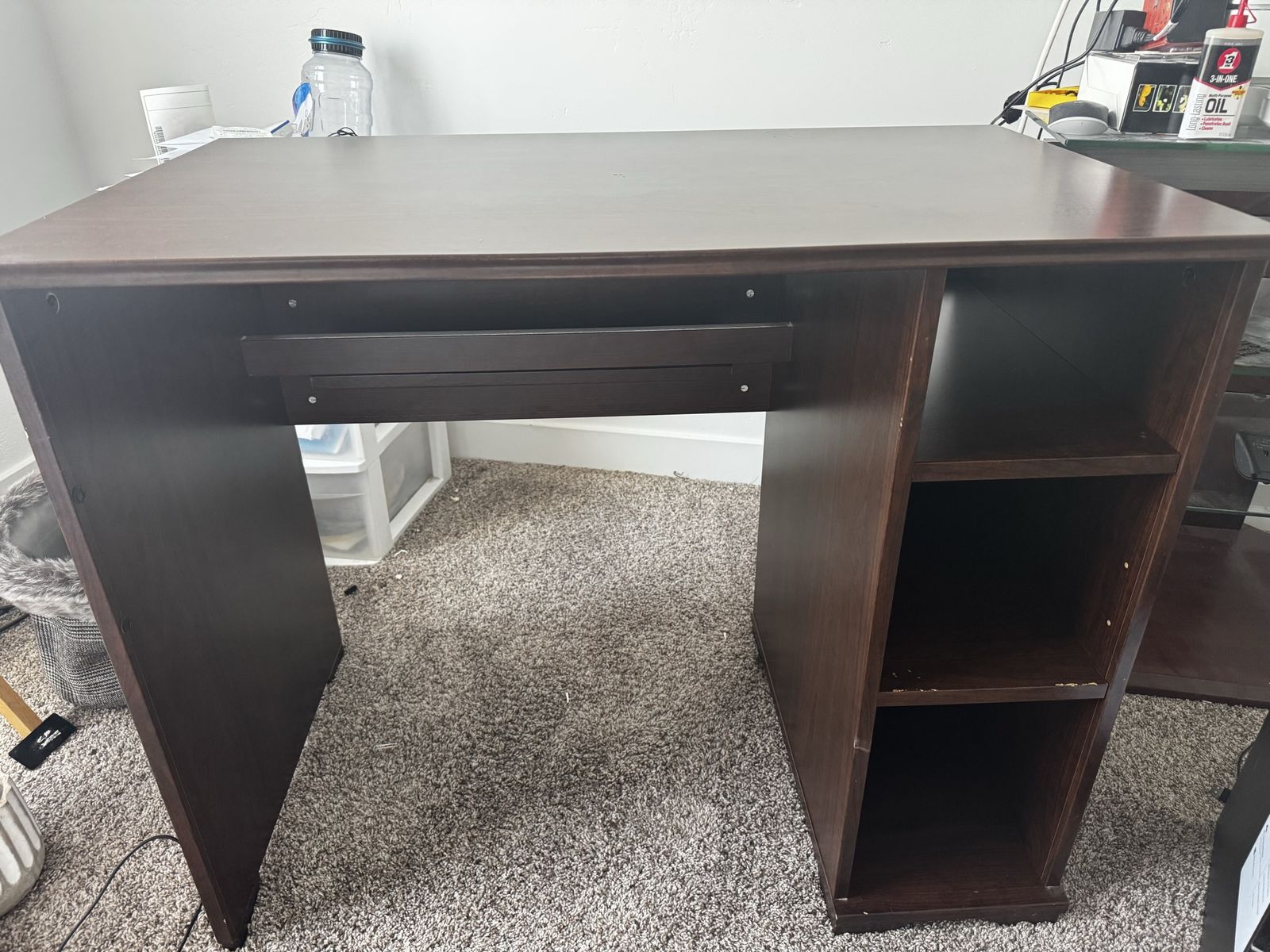Dark Brown Wood Computer Desk and chair with Keyboard Tray and Shelves