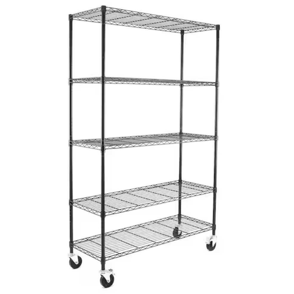 EFINE Black 5-Tier Heavy Duty Metal Wire Storage Shelving Unit w/Casters NSF Certified (48 in. W x 72 in. H x 18 in. D)
