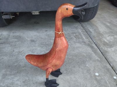 Rustic Carved Wooden Duck Figurine Home Decor Art Statue Natural Wood Tone and Black Accents