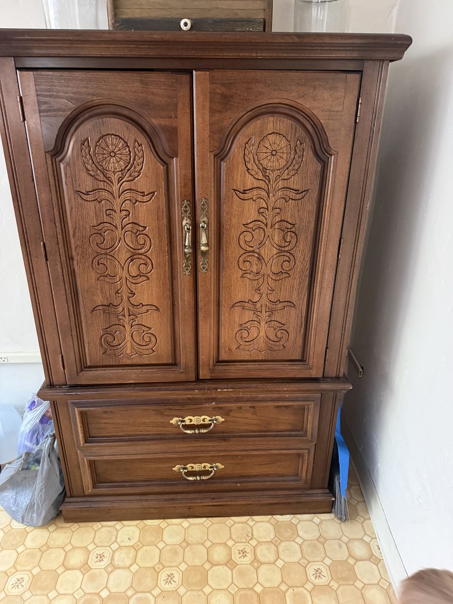 Vintage Solid Wood Armoire Wardrobe - Carved Floral Design, 2 Doors, 2 Drawers