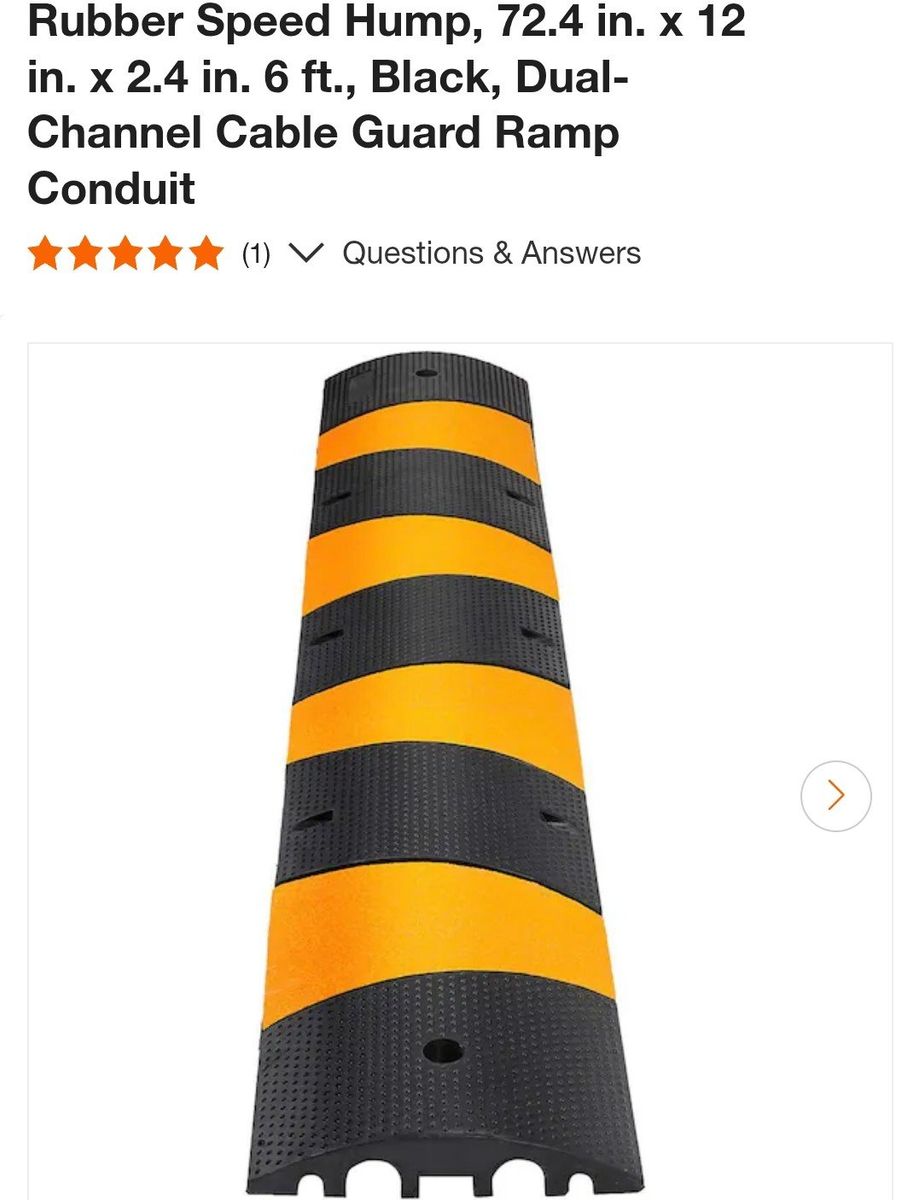 Rubber Speed Hump 72" x 12" with Dual-Channel Cable Guard Ramp, Black & Yellow