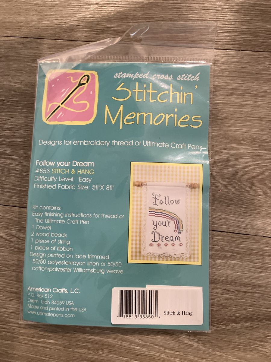 American Crafts Stitchin' Memories "Follow Your Dream" Stamped Cross Stitch Kit, Easy, 5"x8"