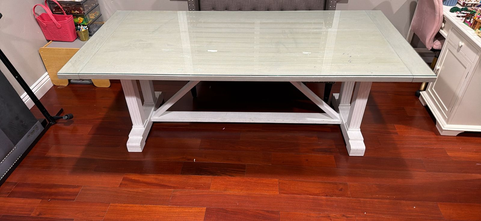White Trestle Dining Table with Glass Top