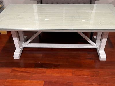 White Trestle Dining Table with Glass Top