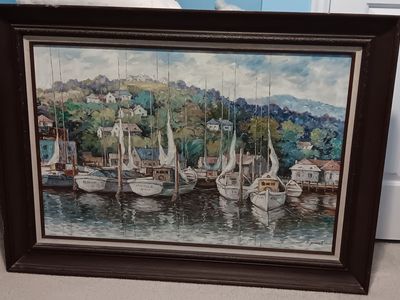 Large Original Signed Oil Painting-"Snug Harbor" by S. Parnel