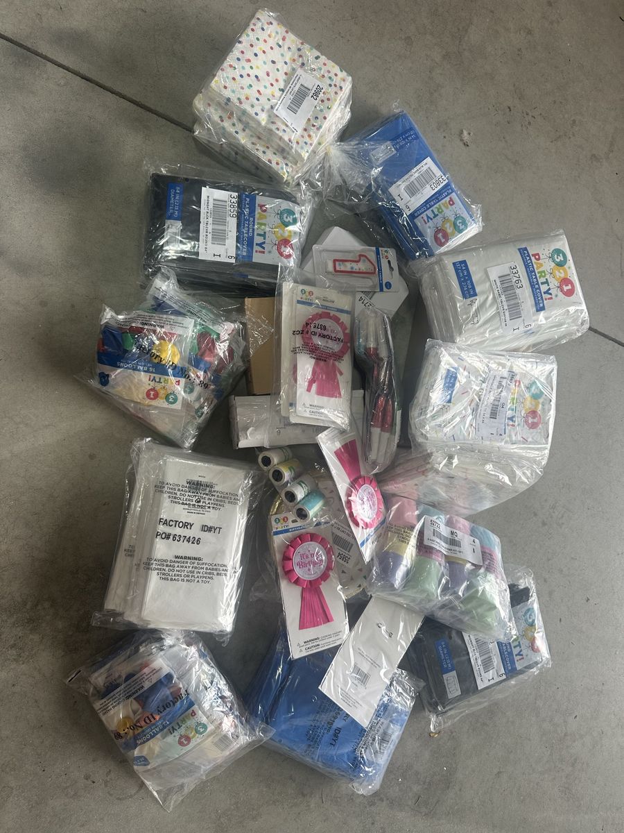 Assorted Birthday Party Supplies Lot Tablecovers Balloons Ribbons Candles