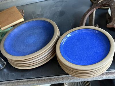 Vintage Heath moonstone blue ceramic plates, dinner plates and salad plates Made in USA