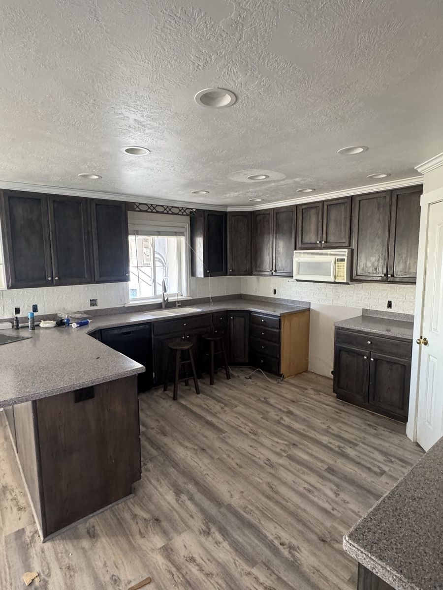 Complete Kitchen Cabinets Set with Countertops and Sink - Dark Wood Stain