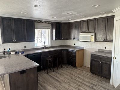 Complete Kitchen Cabinets Set with Countertops and Sink - Dark Wood Stain
