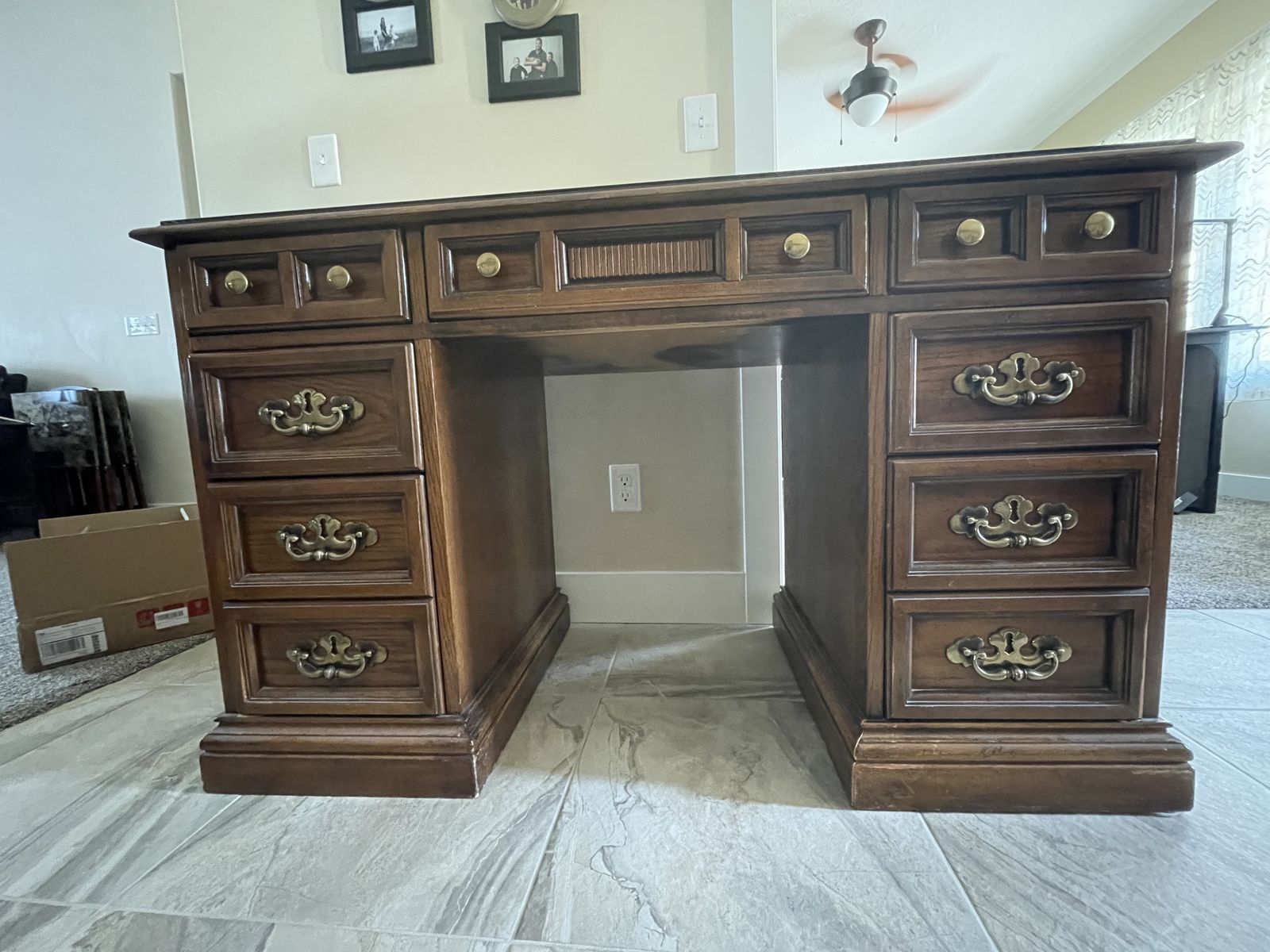 Wooden Pedestal Executive Desk with Drawers and Brass Hardware