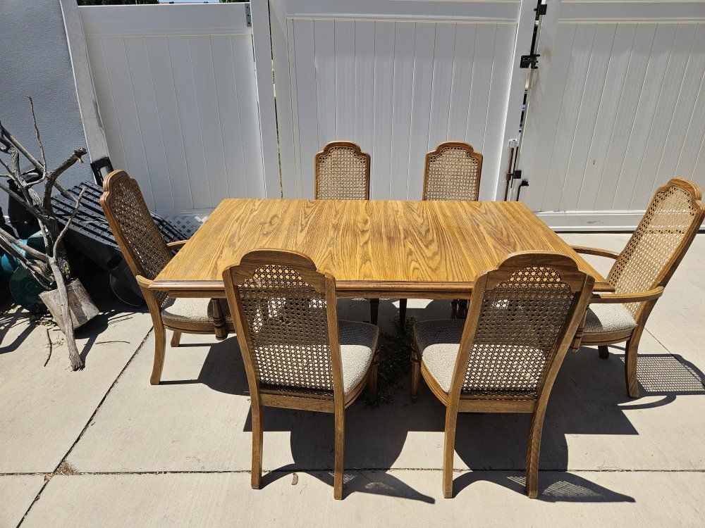 Vintage Oak Dining Table with 6 Cane Back Chairs - Traditional Wood Dining Set
