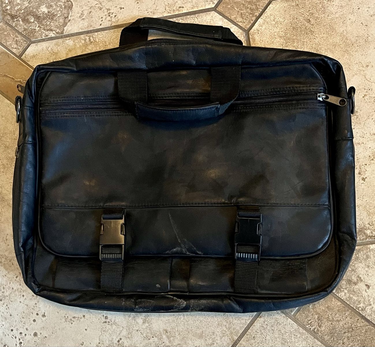 Black Leather Briefcase Messenger Laptop Bag with Buckle Straps