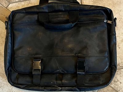 Black Leather Briefcase Messenger Laptop Bag with Buckle Straps