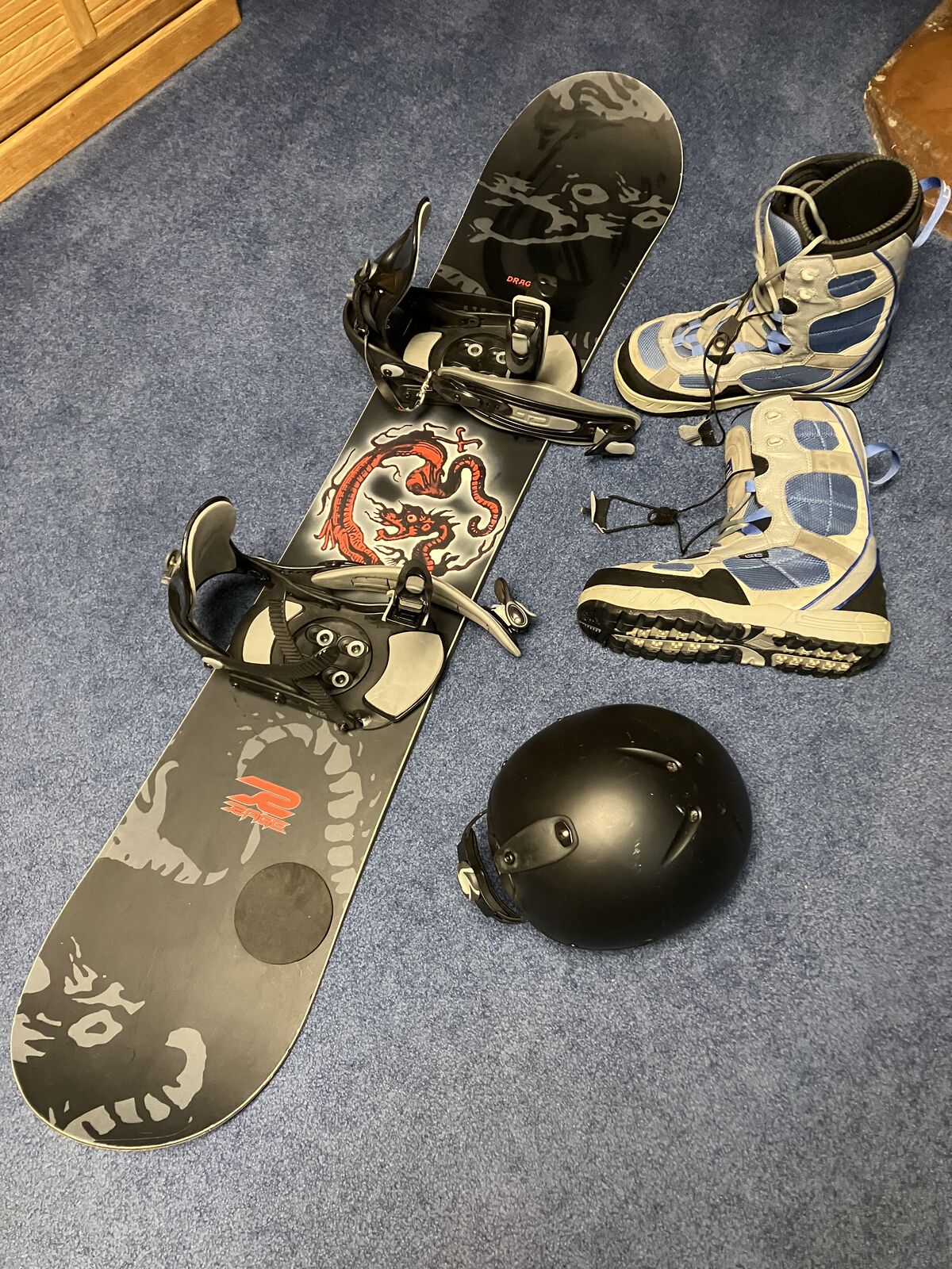 Snow Board, boots and helmet
