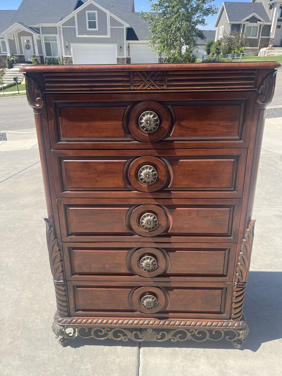 Ornate Traditional Tall Wood Dresser Chest with 5 Drawers and Intricate Carvings