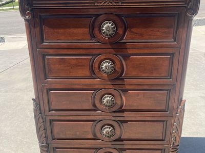 Ornate Traditional Tall Wood Dresser Chest with 5 Drawers and Intricate Carvings