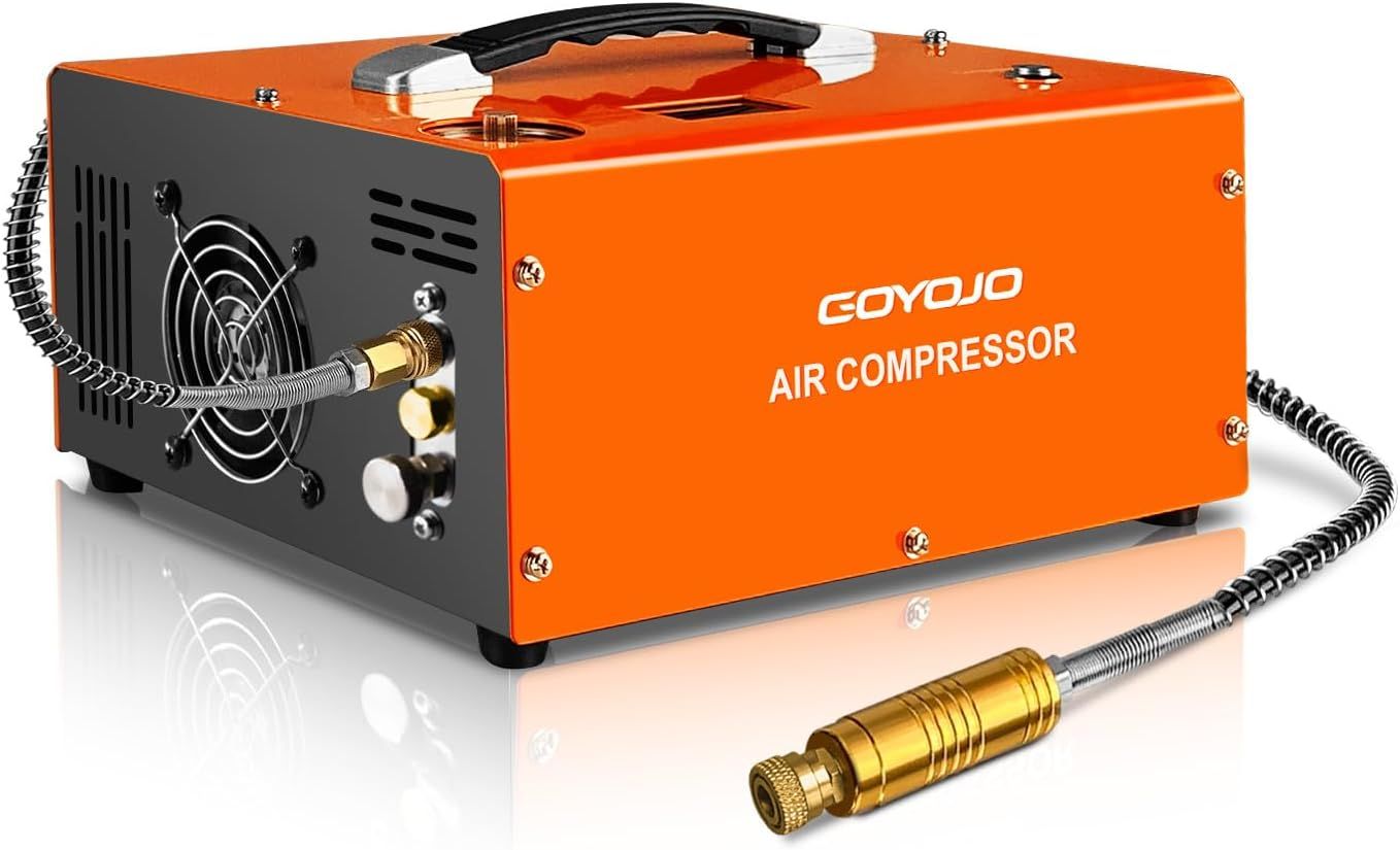 GOYOJO PCP Air Compressor, Max 4500 PSI / 300 Bar, Fast Fill for Airguns or Paintball Tank, Auto Shut-Off, Dual Power