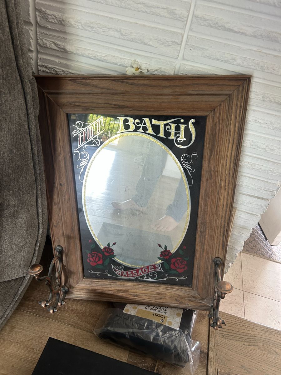 Vintage Style "Hot Baths and Massages" Wood Framed Wall Mirror with Hooks