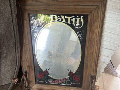Vintage Style "Hot Baths and Massages" Wood Framed Wall Mirror with Hooks
