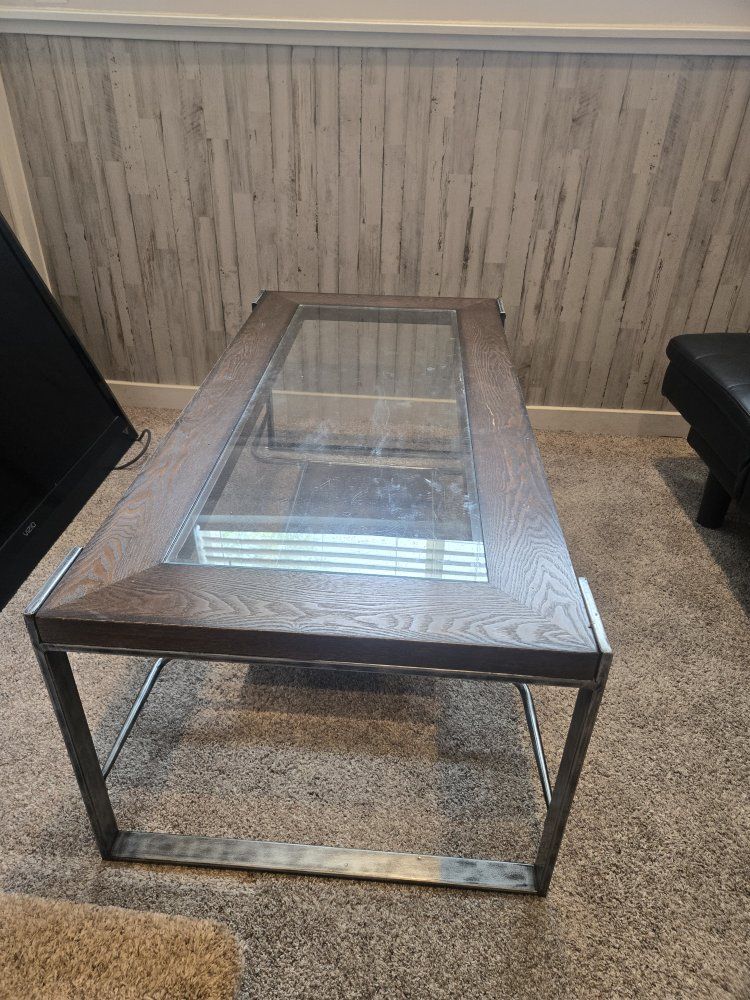 Industrial Style Coffee Table - Wood Frame, Glass Top, Metal Base, Lower Shelf