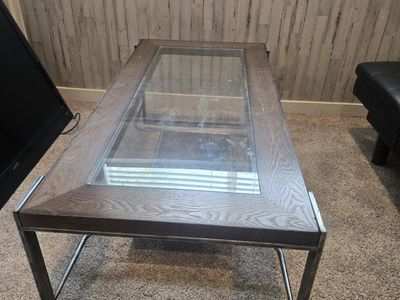 Industrial Style Coffee Table - Wood Frame, Glass Top, Metal Base, Lower Shelf