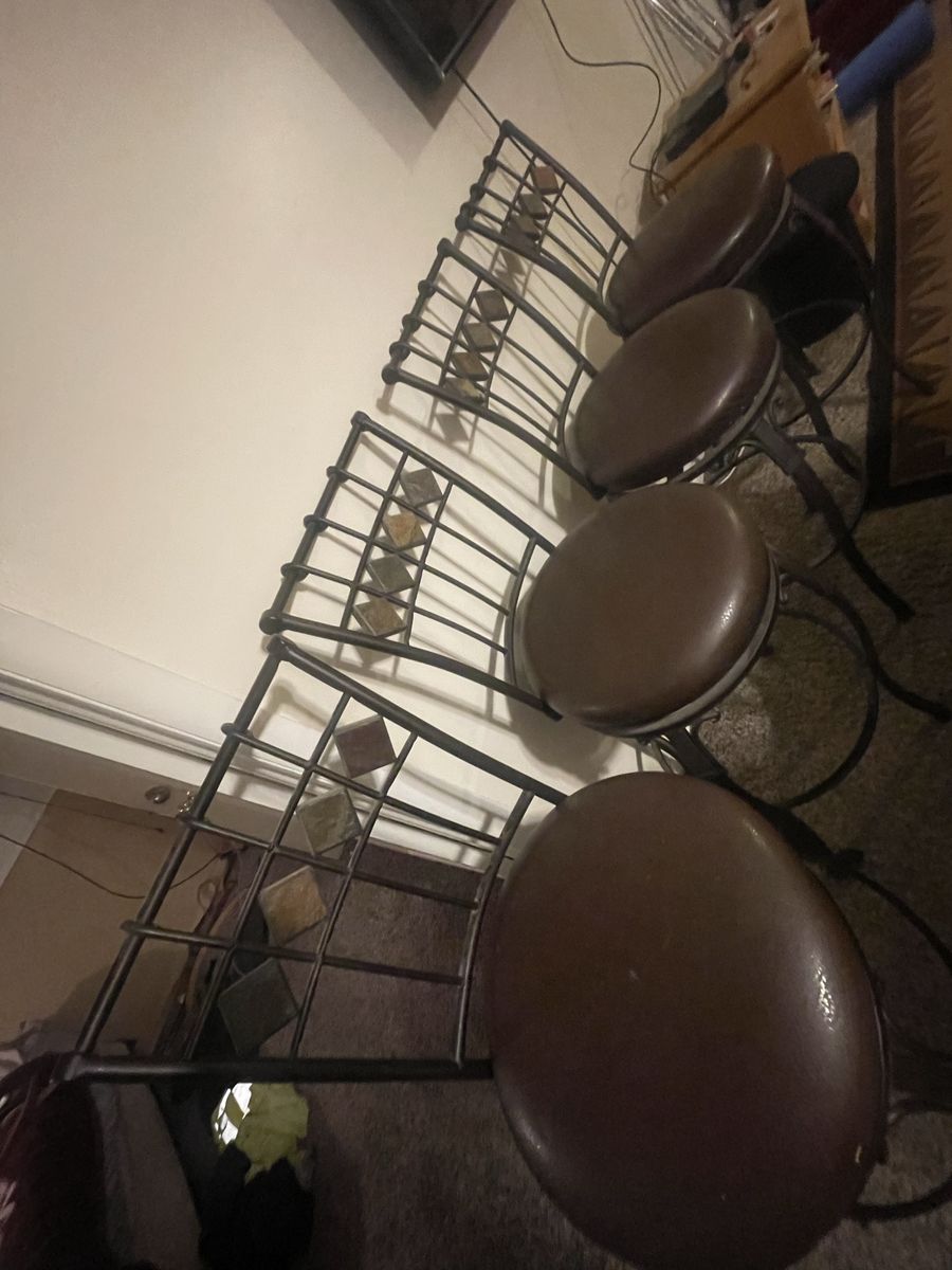 Set of 4 Metal Bar Stools with Brown Faux Leather Seats and Tile Accents