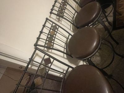 Set of 4 Metal Bar Stools with Brown Faux Leather Seats and Tile Accents