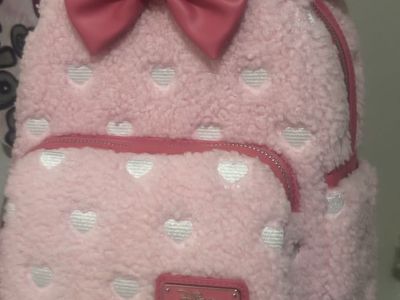 Disney Loungefly Pink Sherpa Hearts Mini Backpack with Bow and Ears