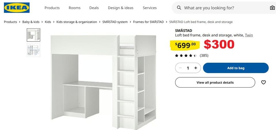 Loft bed frame, desk and storage, white, Twin
