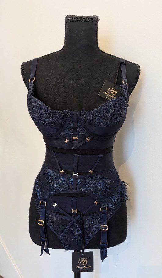 Honey Birdette Belinda Navy Lace 4 piece Lingerie Set 