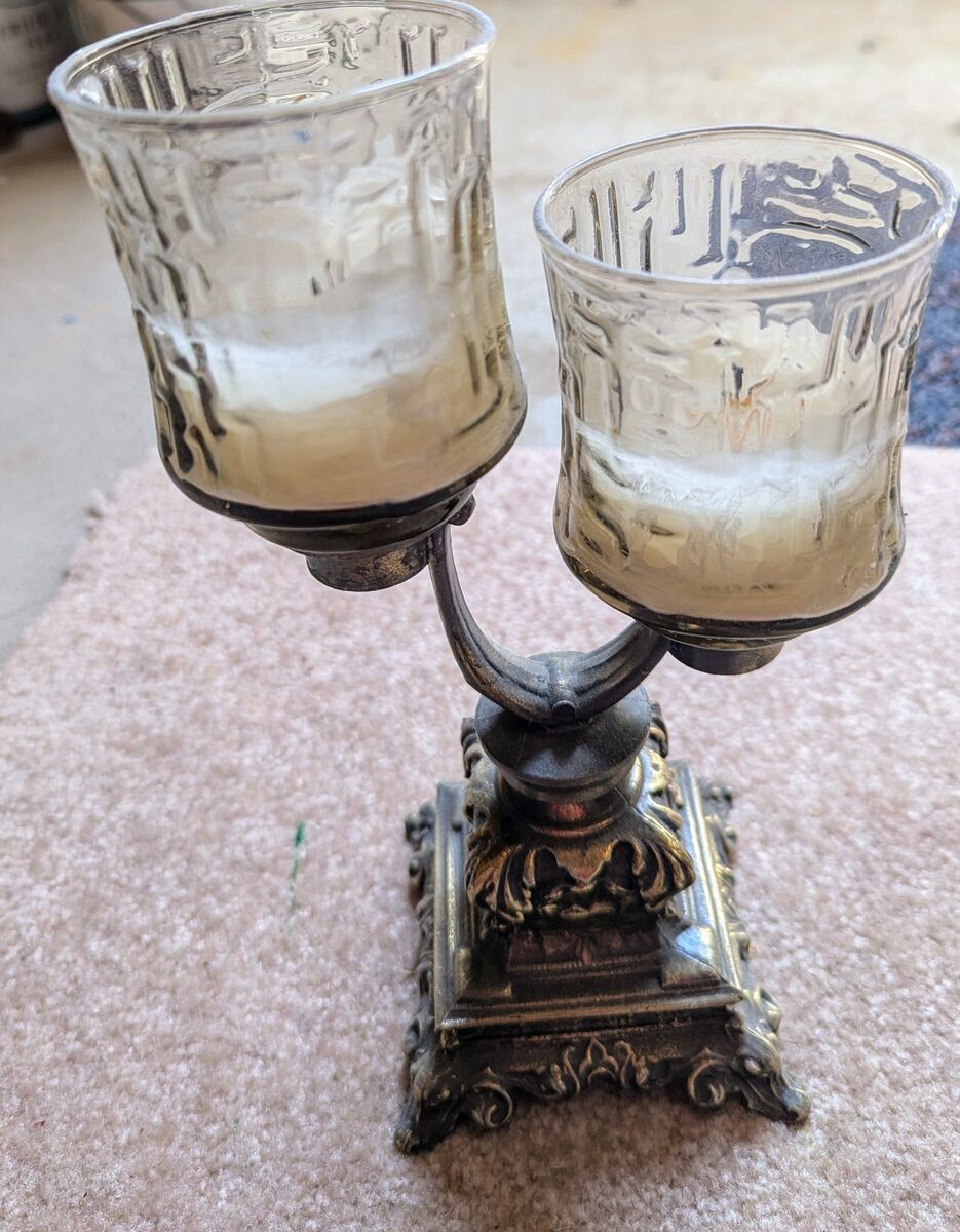 Vintage Double hand Smoke Glass & Bronze Votive Candle Holder
