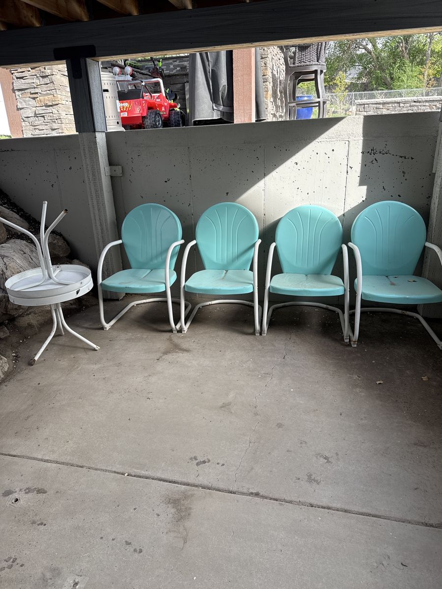 4 Retro Teal Metal Chairs and two round end tables
