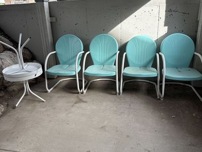 4 Retro Teal Metal Chairs and two round end tables