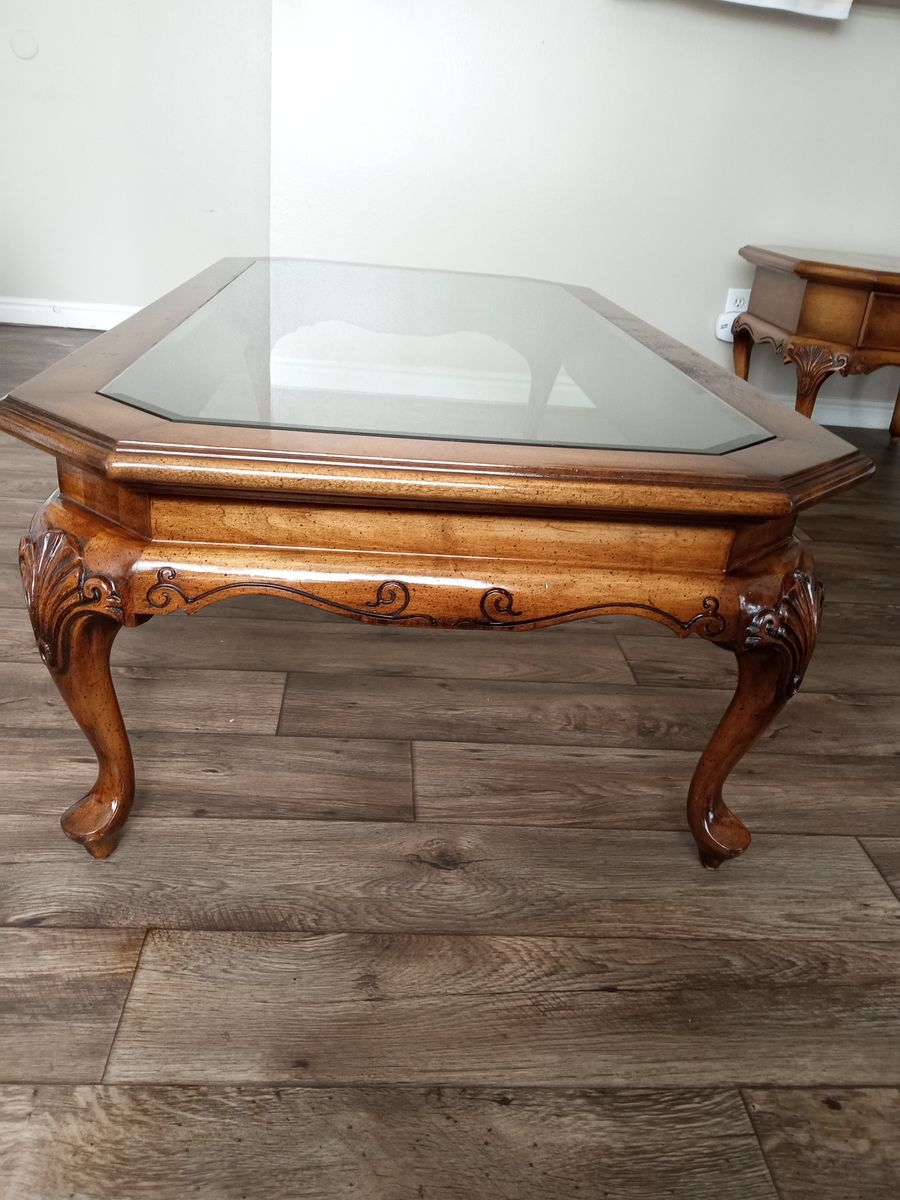 Vintage Octagon Wood Coffee Table with Glass Top - Carved Legs & Scalloped Details