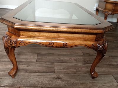 Vintage Octagon Wood Coffee Table with Glass Top - Carved Legs & Scalloped Details
