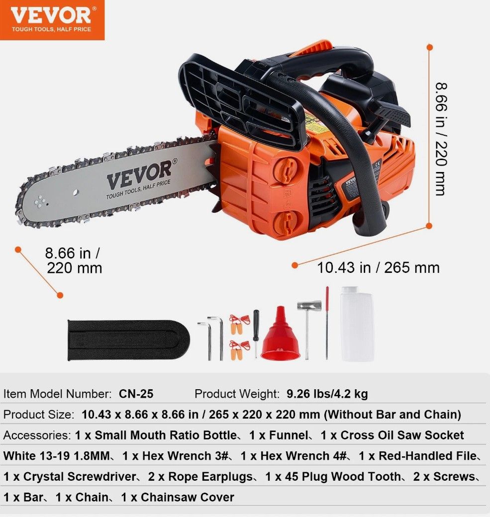 VEVOR 25.4CC 12" Gasoline Chainsaw Powered Wood Cutting Engine Gas Chain Saw