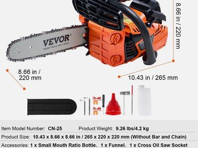 VEVOR 25.4CC 12" Gasoline Chainsaw Powered Wood Cutting Engine Gas Chain Saw
