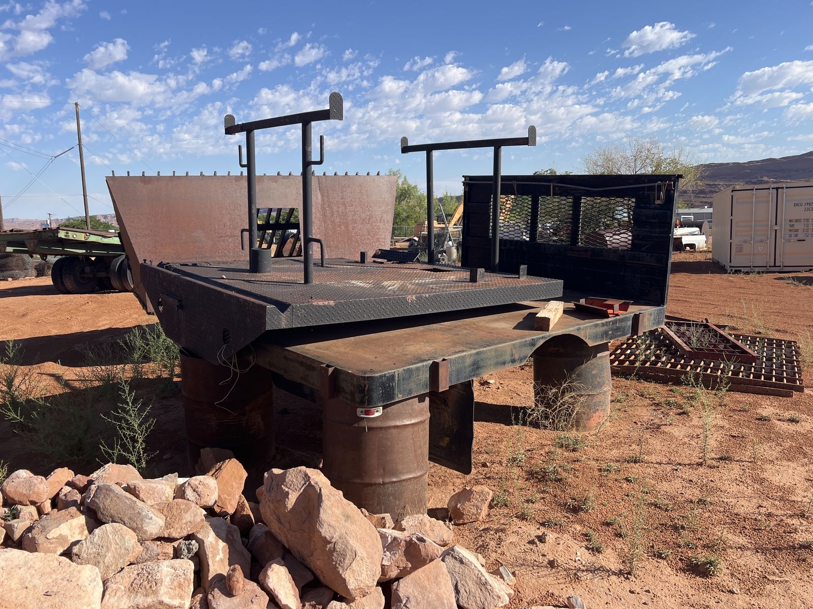 Used Flatbed Truck Bed with Headache Rack & Stake Pockets - Durable Steel Construction