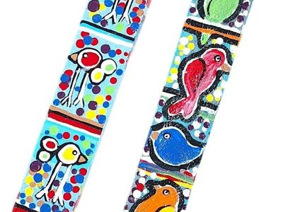 2 Bird Totems, 11.5" x 1.5" x 0.5", Handpainted Art on Wood, Acrylic Paints and Outdoor Sealer, Suitable for Yard, Patio or Home