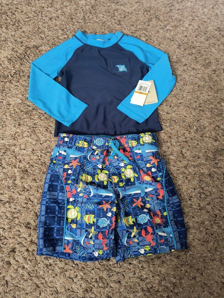 Tommy Bahama Toddler Boy's Blue Stingray Rash Guard & Sea Creature Swim Trunks Size 3T