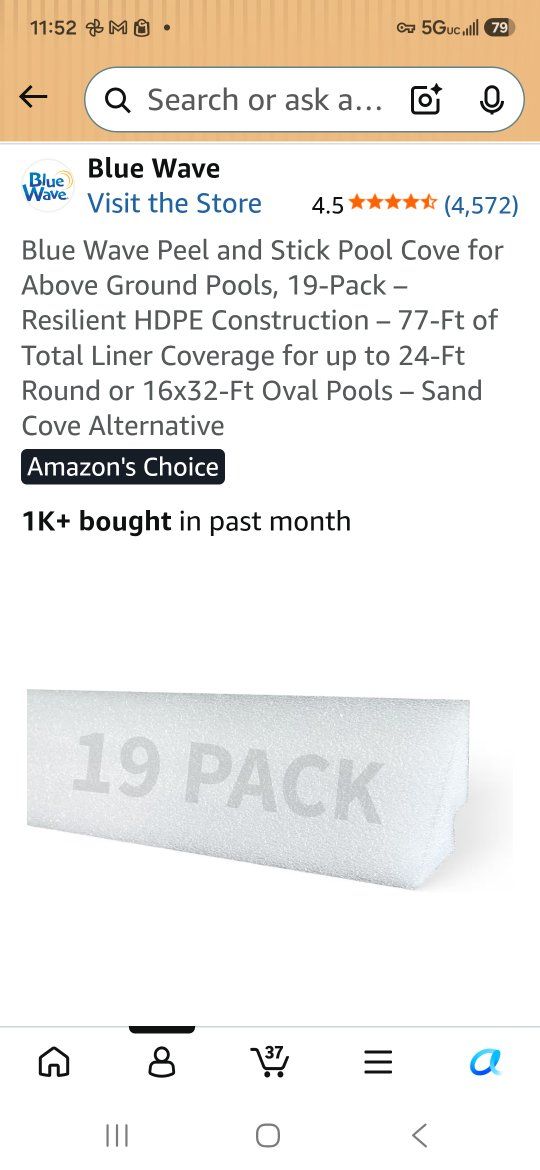 NEW IN BOX Blue Wave Peel and Stick Pool Cove for Above Ground Pools - 19-Pack, 77-Ft HDPE - Sand Cove Alternative