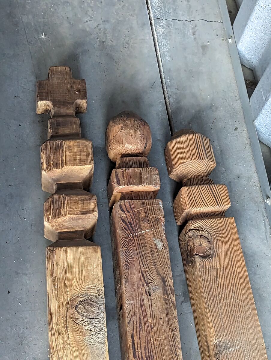 Hand carved newel posts by Ralphael Plescia, from his "Christian School"