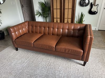 Tufted Faux Leather Sofa - Mid-Century Modern Brown Couch, 3-Seater