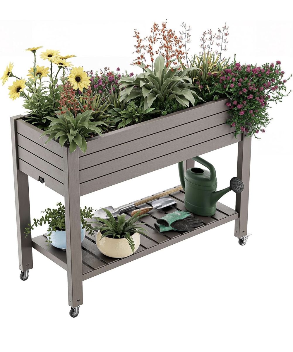 Gray Elevated Garden Bed Planter Box with Wheels brand new still in box.
