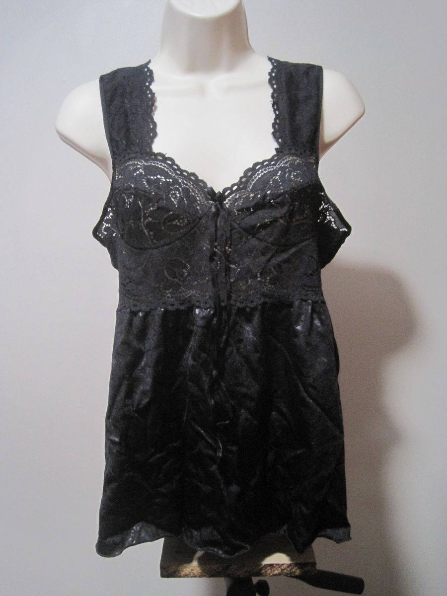 Unbranded Women's Small Lingerie Babydoll Black Satin Lace Sleeveless Slip Dress