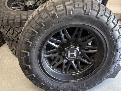 Hostile Wheels 20" “Maniac” Black Rims (8 lug nut format) with Nitto Ridge Grappler 35x12.50R20LT Tires Set